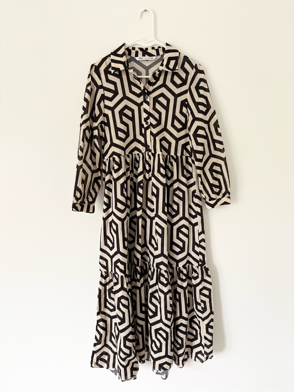 Zara Ivory Black Geometric Pattern Long Sleeve Cotton Tiered Maxi Dress Small - Picture 4 of 10